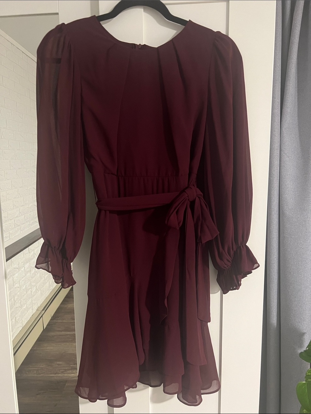 B Darlin Burgundy Long-Sleeve Chiffon Tie-Waist Dress